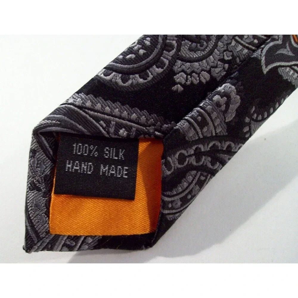 Men's Tallia 100% Silk Neck‎ Tie, Black Gray Paisley